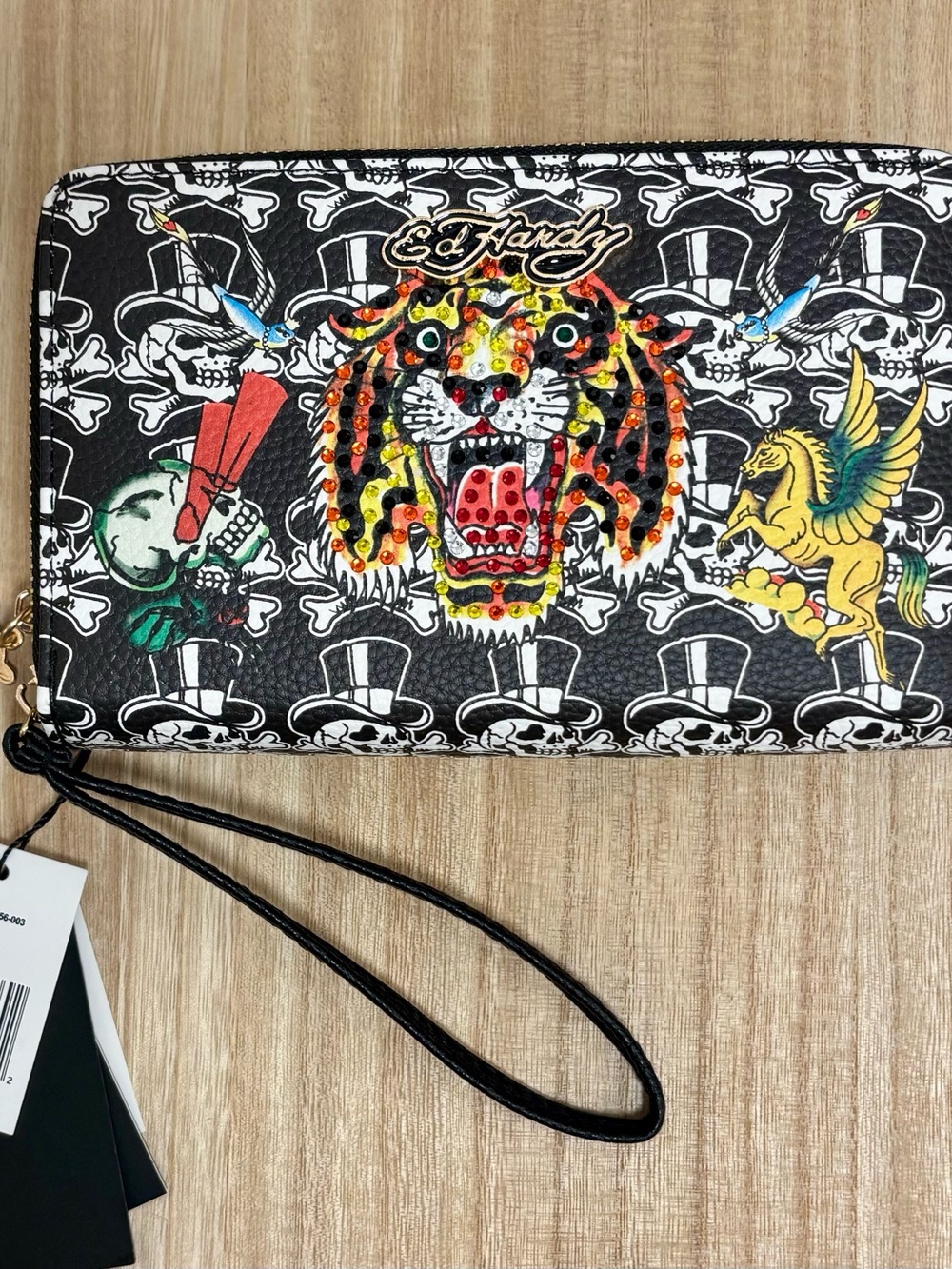 Ed Hardy Black Tiger Rhinestone Embellished Wristlet Clutch Wallet